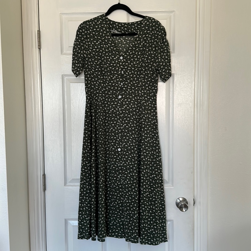 Hunter green maxi dress, button front with white flower pattern